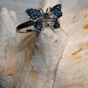 925 Genuine Blue And White Diamond Butterfly Ring.